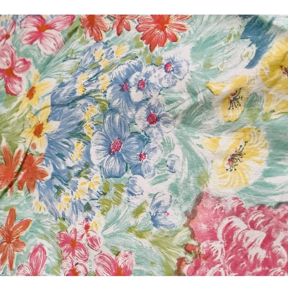 Vinyl Flannel Back Tablecloth Round FLOWER Power Yellow Pink Blue Vintage Green